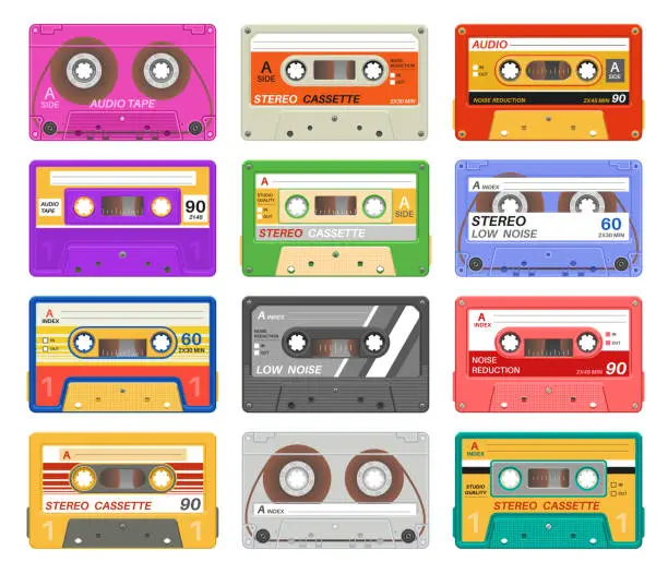 Vector illustration of Cassettes. Different color music tape retro audio cassette. Old school 90s record technology vintage media device. Vector set