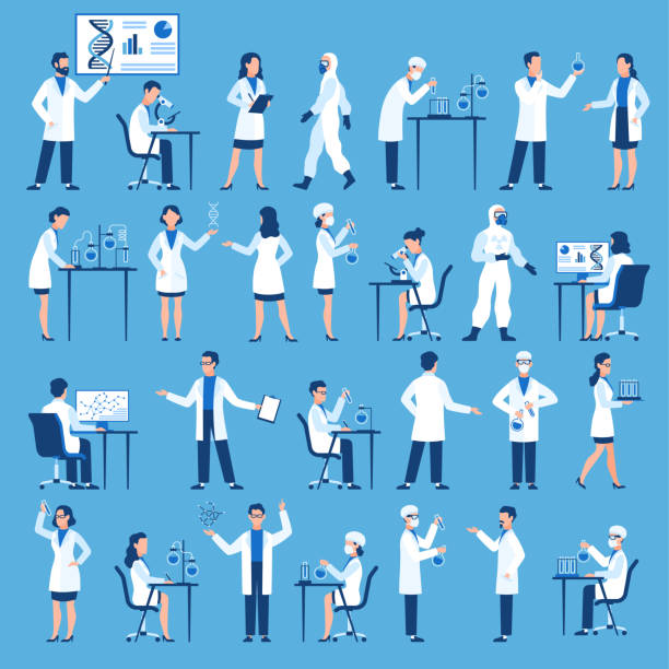 Scientists characters. Doctors group in science hospital laboratory, biological research with test clinical lab equipment vector set Scientists characters. Doctors group in science hospital laboratory, biological research with test clinical lab equipment vector flat simple persons in uniform, isolated set laboratory stock illustrations