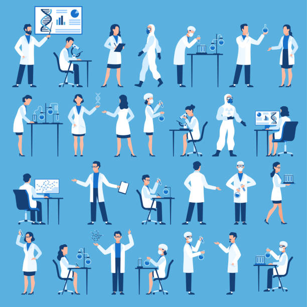 Scientists characters. Doctors group in science hospital laboratory, biological research with test clinical lab equipment vector set Scientists characters. Doctors group in science hospital laboratory, biological research with test clinical lab equipment vector flat simple persons in uniform, isolated set laboratory technician stock illustrations