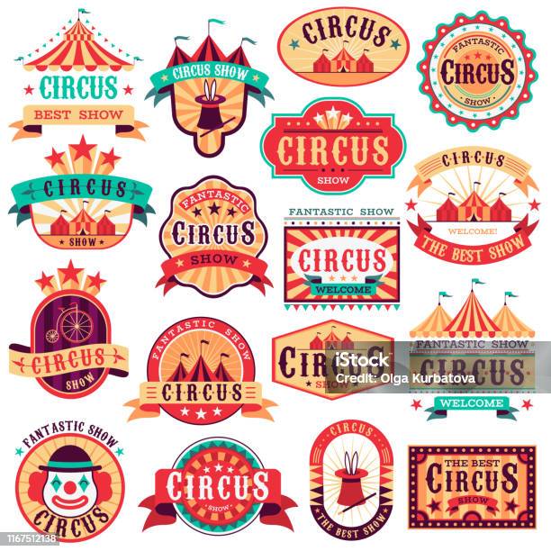 Circus Emblems Carnival Festival Fun Circus Show Retro Paper Signboard Invitational Banners Event Frames Arrow Stickers Vector Set Stock Illustration - Download Image Now