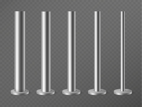 Metal pillars. Steel poles for urban advertising banners, streetlight and billboard. Steel columns in round section 3d vector set