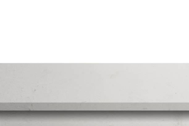 mesa de cemento vacía sobre fondo blanco aislado con espacio de copia y montaje de pantalla para el producto. - black and white architecture surrounding wall wall fotografías e imágenes de stock