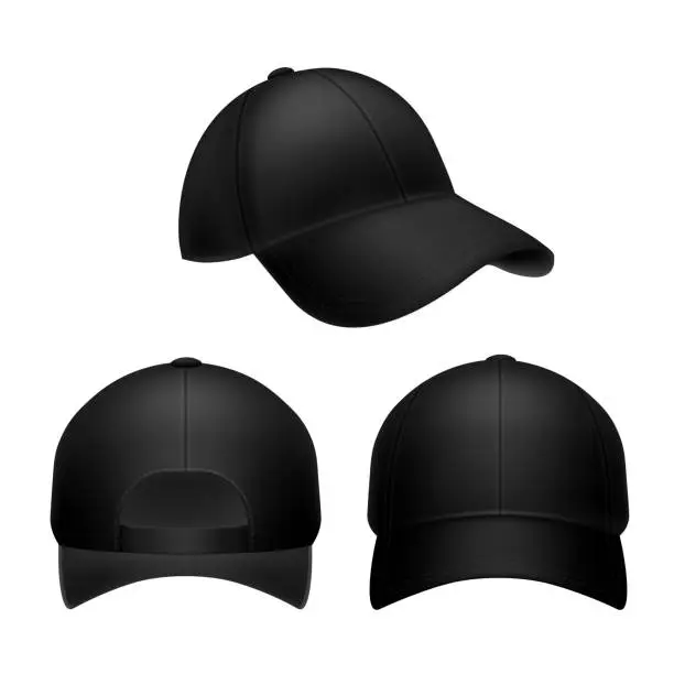 Vector illustration of Black baseball cap. Empty hat mockup, headwear caps in back, front and side view. Corporate uniform clothes cap. Realistic vector set