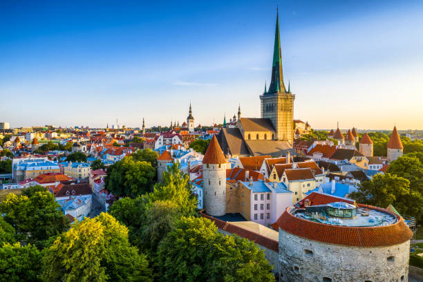 Tallinn Old Town aerial view from fat Margaret tower at sunset. Estonia Tallinn old town cityscape at sunset. Estonia estonia photos stock pictures, royalty-free photos & images