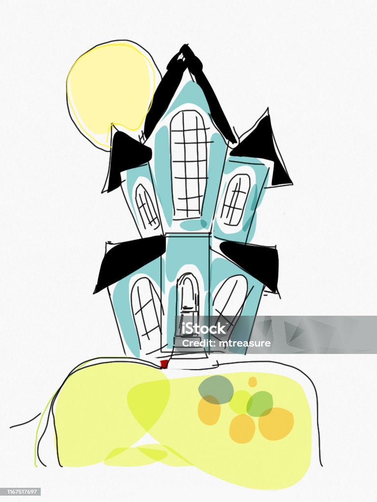 Image Of Haunted House Drawing Sketch Cartoon Picture Of Halloween Mansion  And Simple House Vector Illustration On Hill With Art Work And Line Art  Showing Black Roofs Arched Windows And Front Door