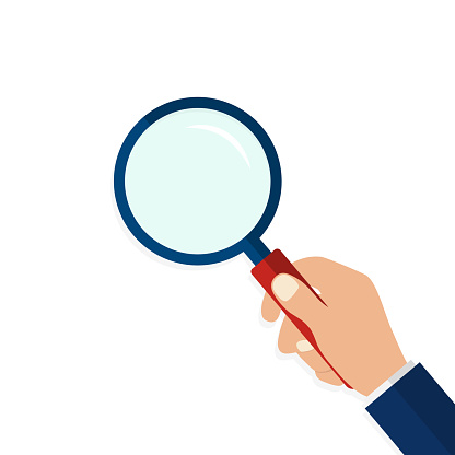 Magnifying glass in hand in flat style.Icon of hand holding a magnifying glass on isolated background.Flat lens or loupe. vector illustration