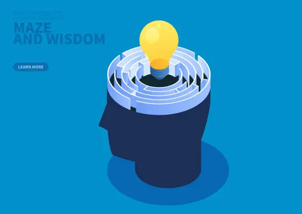 Vector illustration of Glowing light bulb above the labyrinth of the brain