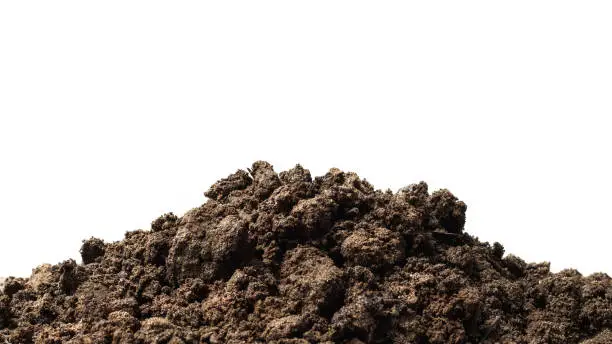 Photo of Pile of soil isolated on pure white background with ground suitable for growing plants or gardening. Natural soil piles filled with good minerals or natural pH.