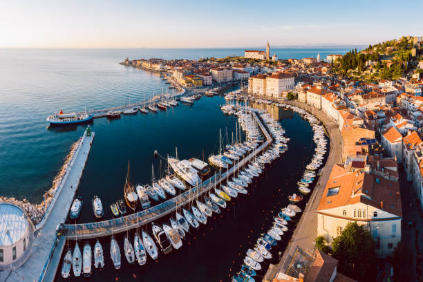 Aerial panorama of Slovenian city Piran Aerial panorama of beautiful Slovenian city of Piran slovenia stock pictures, royalty-free photos & images