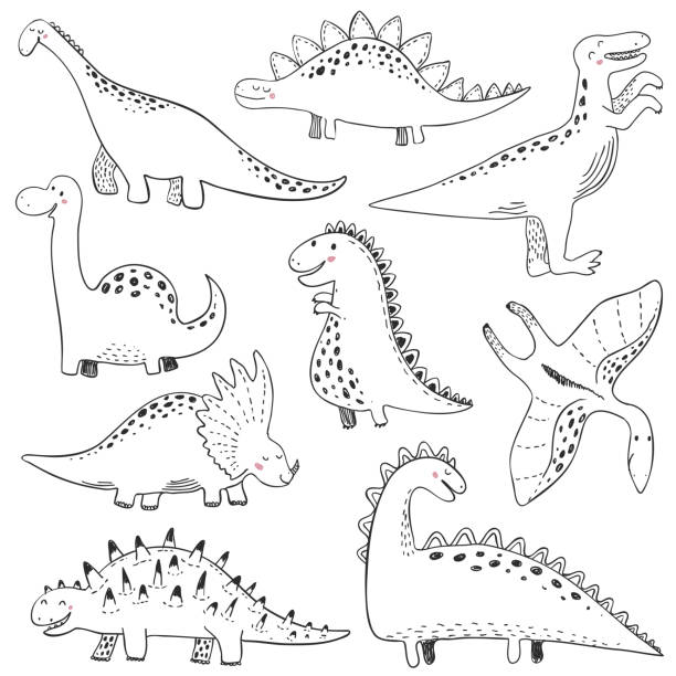 Vector collection of hand drawn dinosaurs. Perfect for kids print Vector collection of hand drawn dinosaurs. Perfect for kids print, cards, textile, nursery background. Cute dino design. dinosaur drawing stock illustrations