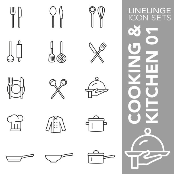 Thin line icon set of Cooking and Kitchen 01 High quality thin line icons of Cooking and Kitchen. Linelinge are the best pictogram pack unique design for all dimensions and devices. Vector graphic, logo, symbol and website content. wooden spoon stock illustrations
