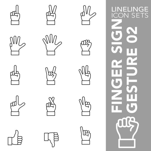 손가락 기호 및 손가락 제스처 02의 얇은 선 아이콘 세트 - number 1 human hand sign index finger stock illustrations