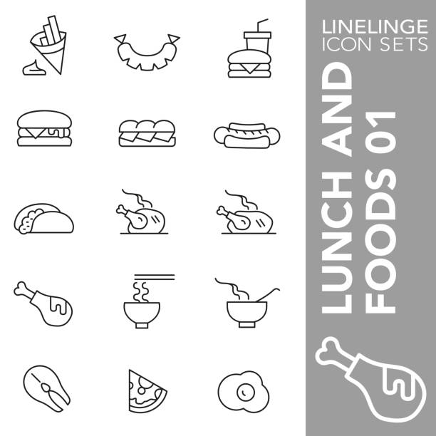 illustrations, cliparts, dessins animés et icônes de ensemble d'icône de ligne mince de déjeuner et nourriture 01 - sandwich food lunch chicken