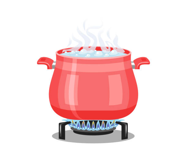 ilustrações de stock, clip art, desenhos animados e ícones de red pan with boiling water on a gas stove isolated on a white background. vector illustration of pot on cooker in cartoon simple flat style. - saucepan fire steam soup