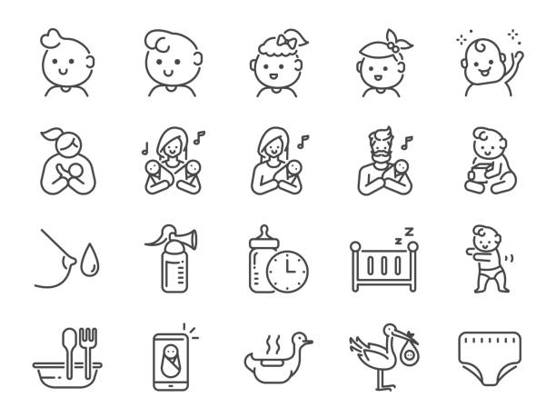 ilustraciones, imágenes clip art, dibujos animados e iconos de stock de conjunto de iconos de bebé. incluye iconos como recién nacidos, bebés, niños, niños, padres y más. - baby icons