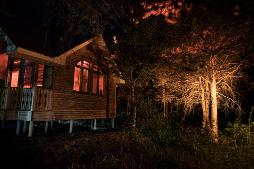 Old house with a Ghost in the forest at night. Horror silhouette at the window. Old building in forest. Surreal lights. Horror Halloween concept