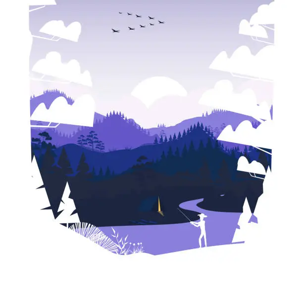 Vector illustration of Flat minimal fishing scene in the mountains with pine forest and summer camp