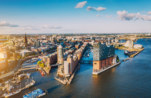 Aerial view of Hamburg Hafen City over blue harbour