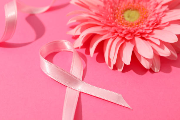 istock Pink awareness ribbon and gerbera on color background, space for text. 1167528716