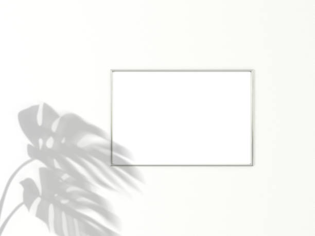 istock 2x3 horizontal Chrome frame for photo or picture mockup on white background with shadow of monstera leaves. 3D rendering. 1167529176