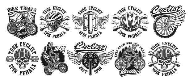 ilustraciones, imágenes clip art, dibujos animados e iconos de stock de conjunto de diseños vintage de tema bycicle - bmx cycling