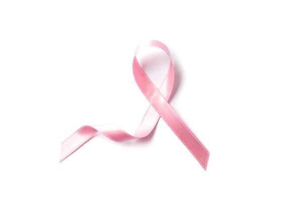 istock Pink awareness ribbon isolated on white background, top view 1167530635