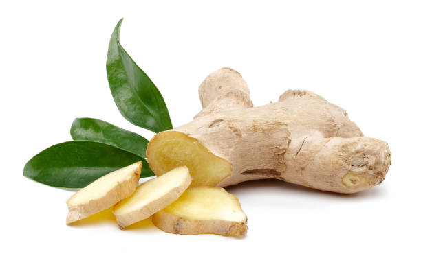 istock Ginger root and slices with leaves isolated 1167530646