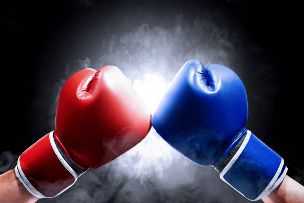istock Hands of two men with blue and red boxing gloves 1167532151