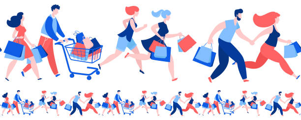 Women men crowd running purchase buy paper bags . Summer sale discount black friday start . Women and men crowd running with purchase buy paper bags . Summer sale discount black friday start . Blue, pink, red colors on white background. Vector illustration flat style. people grocery shopping stock illustrations