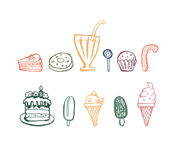 Sweet set Sweet set hand-drawn doodle. Ice cream, cake, candy, muffins. Vector color isolated illustration. ice pie stock illustrations