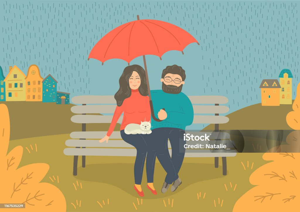 Couple In The Rain Stock Illustration - Download Image Now - Adult, Adults  Only, Autumn - iStock