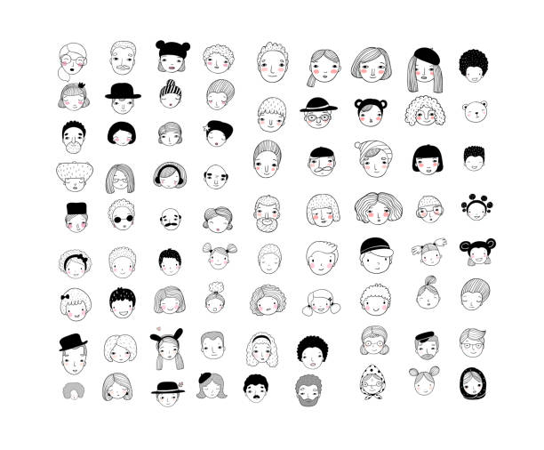 ilustrações, clipart, desenhos animados e ícones de teste padrão com faces gráficas. ilustração do vetor. jogo de ícones dos povos - punk hair