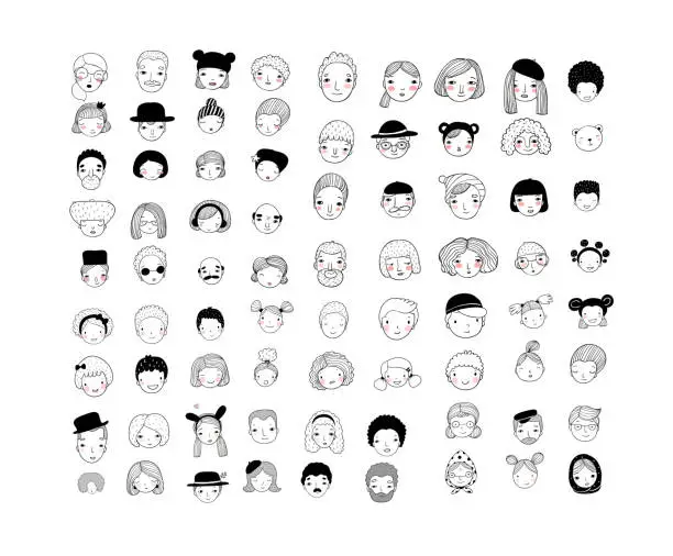 Vector illustration of Pattern with graphical faces. Vector illustration. Set of people icons