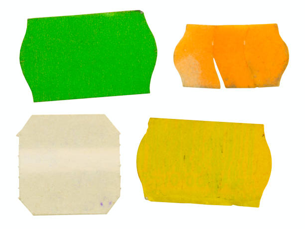 set van grungy zelfklevende prijsstickers, prijskaartjes, met gratis kopieer ruimte, mock up, geïsoleerd op witte achtergrond - etiketteren stockfoto's en -beelden