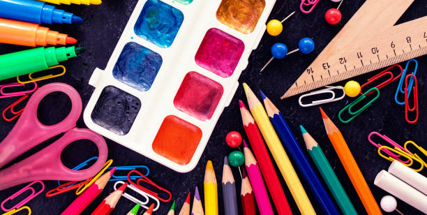 istock Back to school background with school supplies. Top view. Flat lay 
