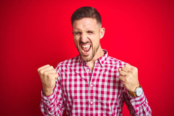 istock Young handsome man over red isolated background very happy and excited doing winner gesture with arms raised, smiling and screaming for success. Celebration concept. 1167540369