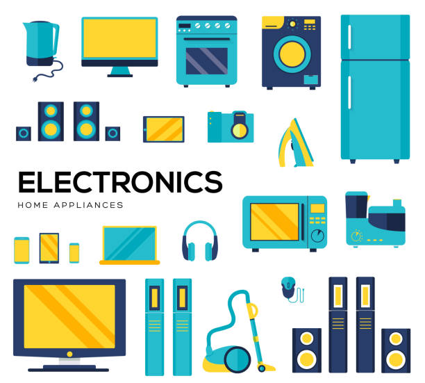 illustrations, cliparts, dessins animés et icônes de ensemble d'appareils ménagers et d'icônes d'appareils électroniques. - four objects audio