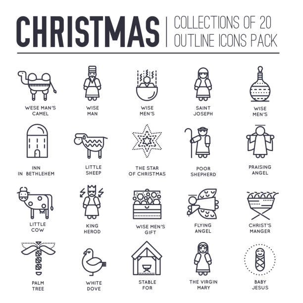 Set of Christmas attributes and decoration icons. Set of Christmas attributes and decoration thin line icons on white. Holidays traditions outline pictograms collection. Birth of Christ, holy night vector element for infographic, web. jesus christ icon stock illustrations