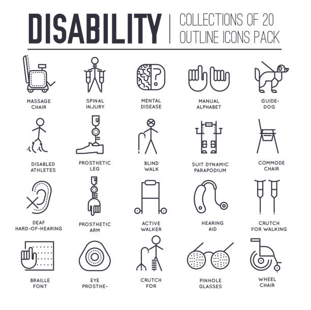 Set of equipment for disabled people thin line icons. Set of equipment for disabled people thin line icons on white. Artificial limbs outline pictograms collection. Medical supplies for physically handicapped vector elements for infographic, web. sign language icon stock illustrations