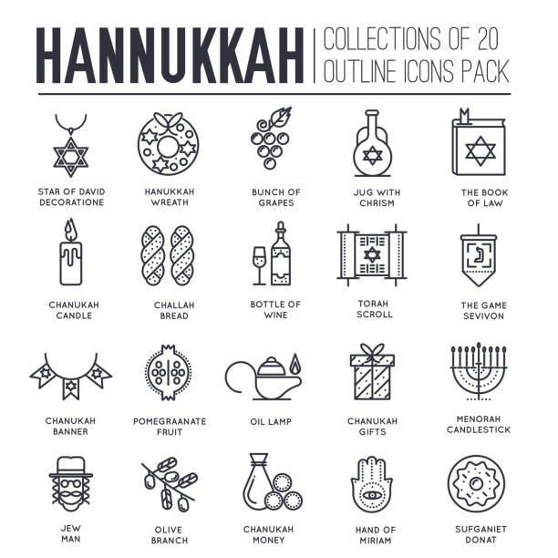 Set of Hanukkah decor and attributes thin line icons. Set of Hanukkah decor and attributes thin line icons on white. Jewish culture and religion symbols outline pictograms collection. Judaism holidays traditions vector element for infographic, web. star of david logo stock illustrations
