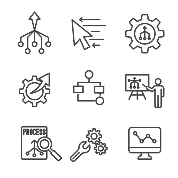 ilustrações, clipart, desenhos animados e ícones de workflow efficiency icon set-tem operações, processos, automação, etc - aerodynamic