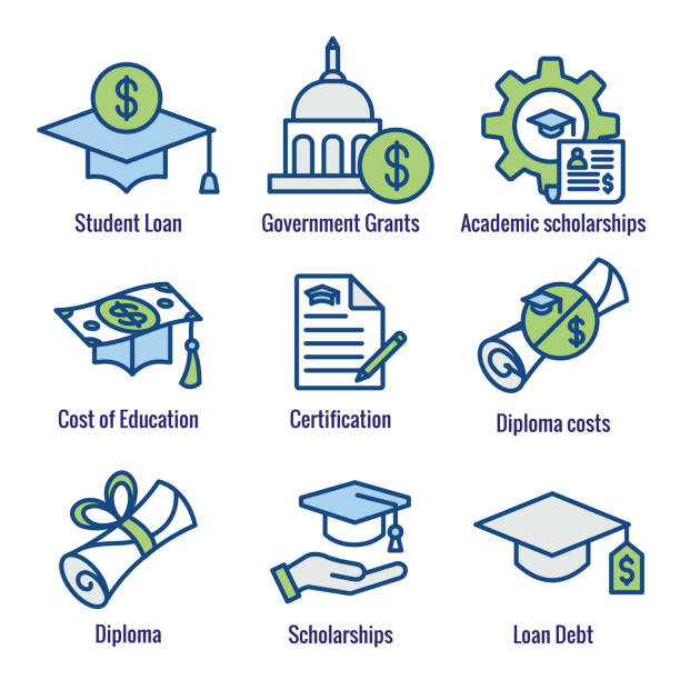 학자금 대출 아이콘, 학업 장학금 및 부채 이미지 세트 - student loans stock illustrations