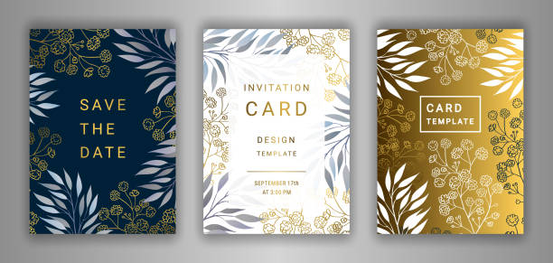 ilustraciones, imágenes clip art, dibujos animados e iconos de stock de conjunto de plantillas de tarjeta de invitación de boda. - gold leaf