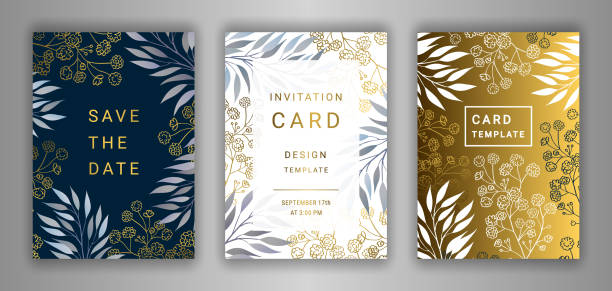 Wedding invitation card template set. Wedding invitation card template EPS 10 vector set. Elegant eucalyptus branches, leaves, gypsophila flower background. Save the date phrase. Black, white, gold decor. autumn designs stock illustrations