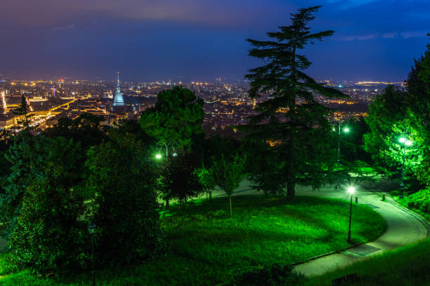 View of Turin from the Villa Genero park at night. PIedmont, Italy. stock photo