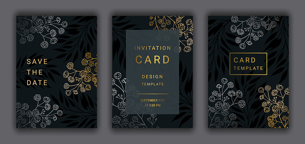 Wedding invitation card template EPS 10 vector set. Elegant gold, silver colored branches, beautiful gypsophila flowers on the dark background. Save the date phrase.