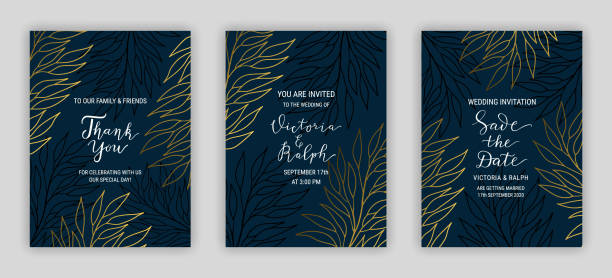 Dark wedding invitation card template vector set. Dark wedding invitation card template EPS 10 vector set. Elegant golden eucalyptus branch decor. Thank you, Save the date hand drawn lettering phrase. Linear style gold leaves on black background winter fashion stock illustrations