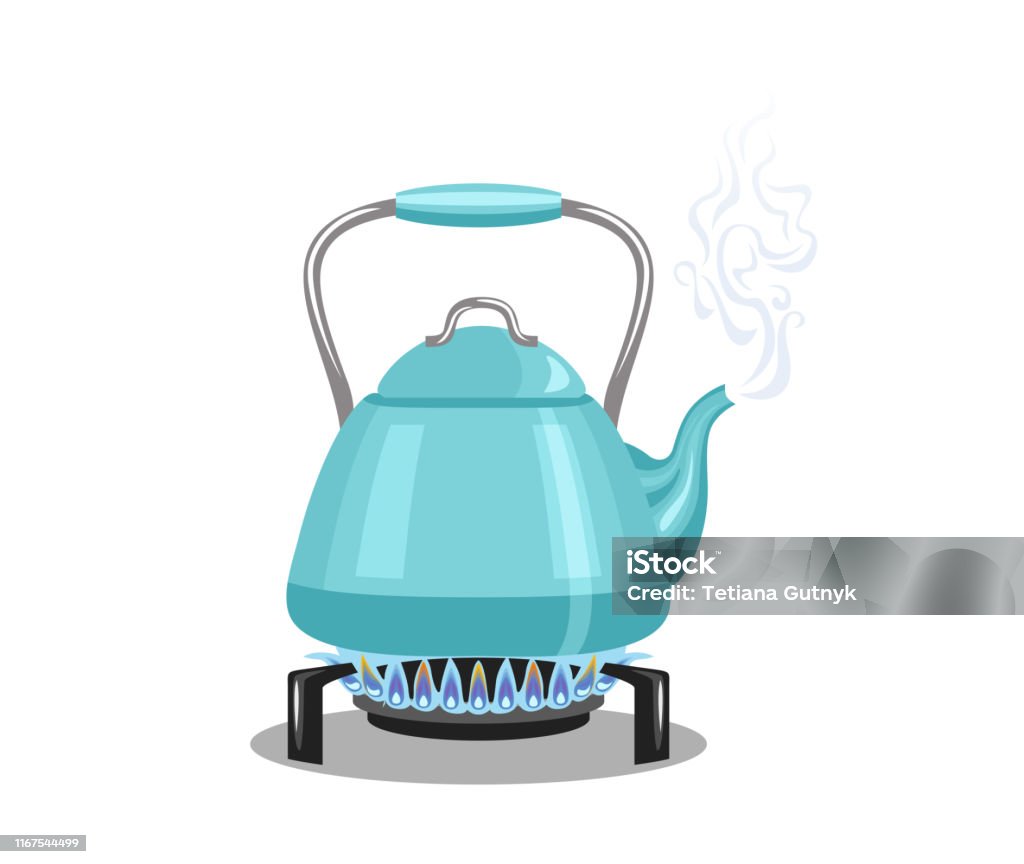 Kettle On Gas Stove Isolated On White Background Vector Illustration Of  Blue Teapot With Steam On The Cooker In Cartoon Flat Style Stock  Illustration - Download Image Now - iStock