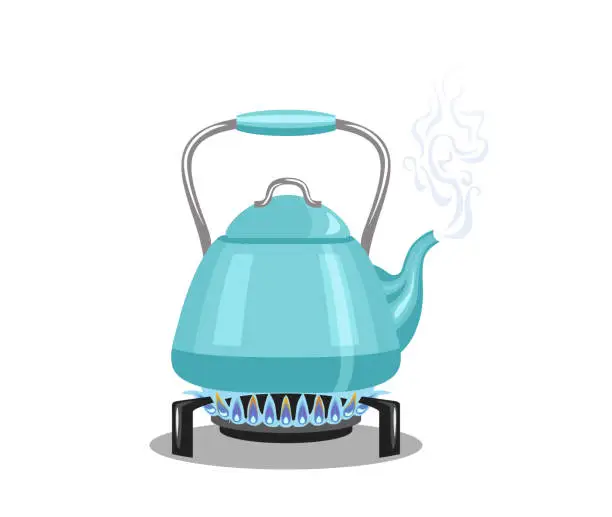 Vector illustration of Kettle on gas stove isolated on white background. Vector illustration of blue teapot with steam on the cooker in cartoon flat style.