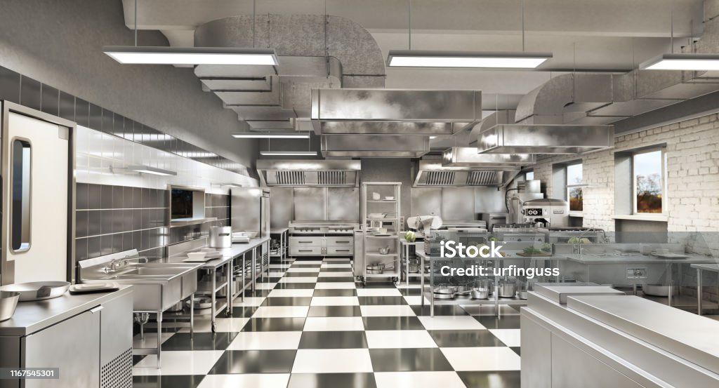 Restaurant equipment. Modern industrial kitchen. 3d illustration Commercial Kitchen Stock Photo